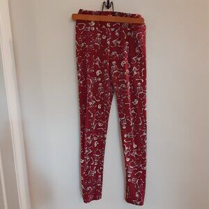 LULAROE HALLOWEEN HUMAN & DOG SKELETONS MAROON OS LEGGINGS